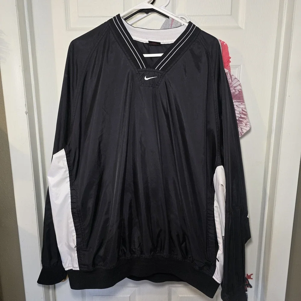 Nike Windbreaker V Neck Pullover Jacket Center Swoosh Vtg 90s Mens XXL Black Y2k